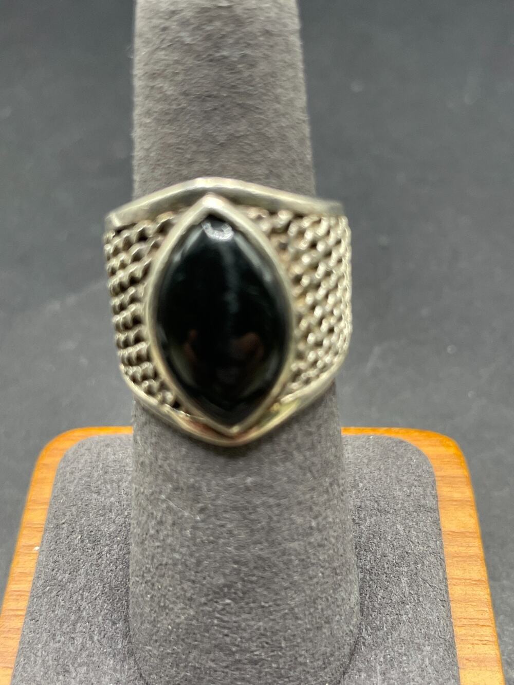 Vintage CFJ Thai 925 Sterling Silver Marquis Black Onyx Wide Ring Size 6.5